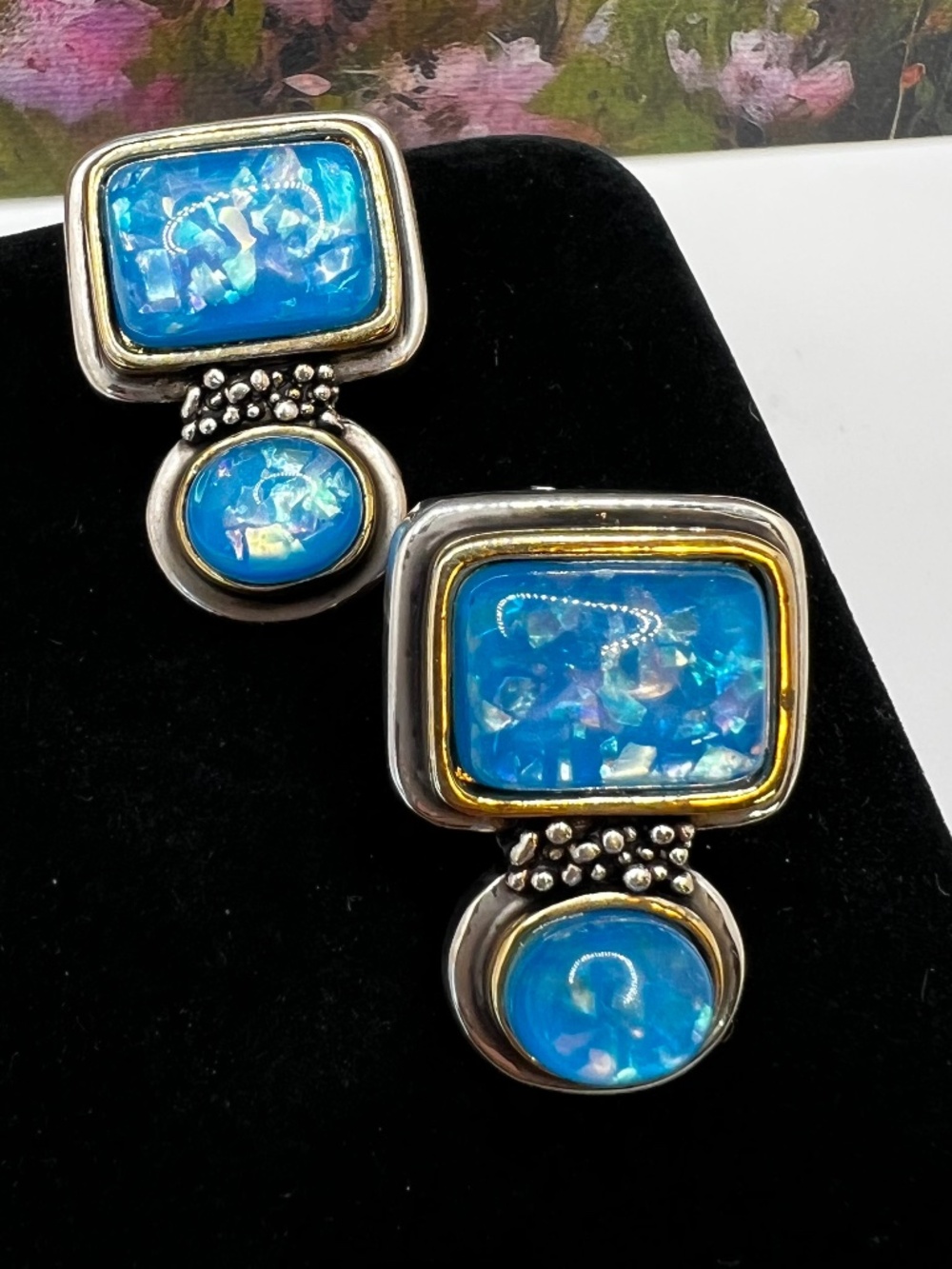 Two Tone Faux Blue Fire Opal Earrings